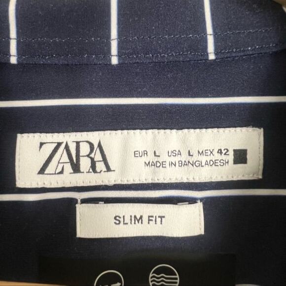 Zara Button Down Shirt Mens L Navy Blue Striped Slim Fit Preppy Business Casual - Picture 3 of 3